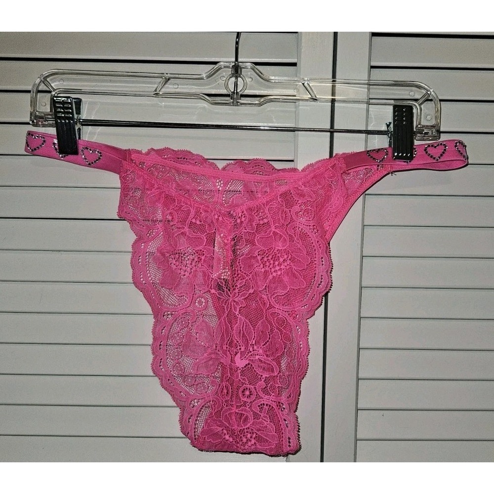 Victorias Secret Brazilian Panty Floral Lace Sheer Pink Rhineston Hearts Lrg NWT - Picture 2 of 4